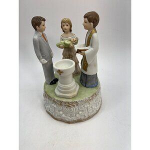 Lefton China Music Box Baptism Figurine- Mom, Dad, Baby, Clergy, Plays The Lords